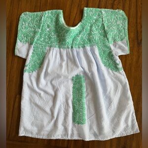 White Blouse with Mint Green Embroidered Yoke
